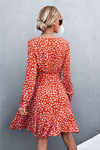 Printed V-neck Tie Belt Ruffle Hem Mini Dress (2)