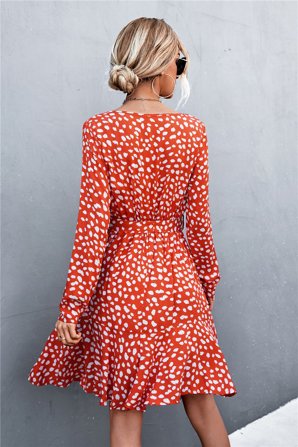 Printed V-neck Tie Belt Ruffle Hem Mini Dress (2)