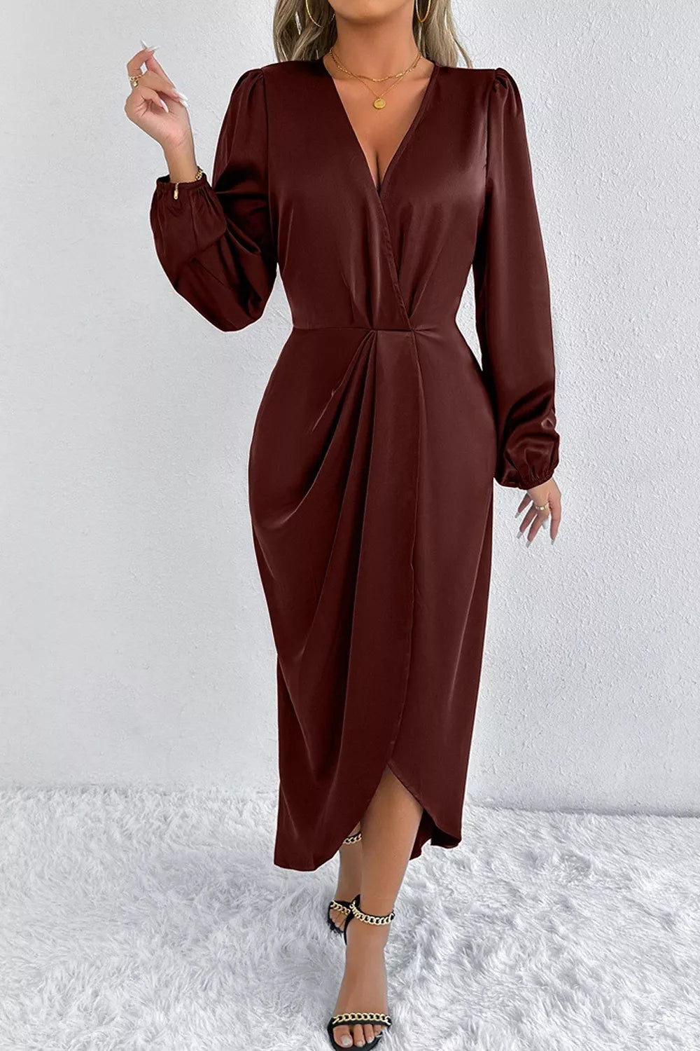 Satin Balloon Sleeve Midi Dress (23)