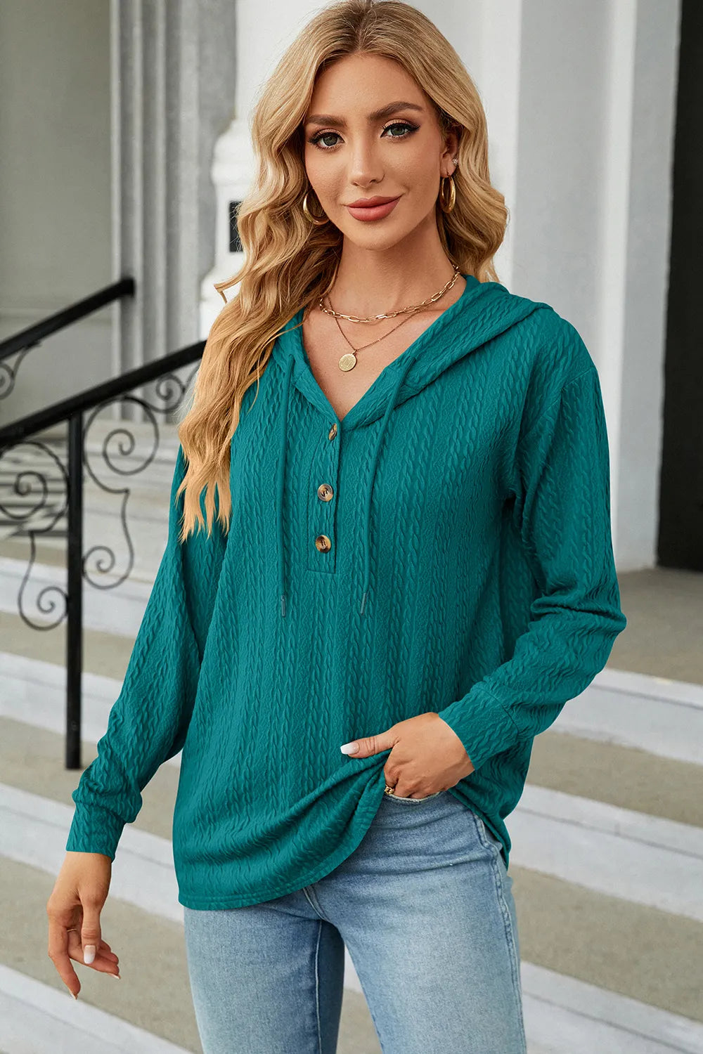 Drawstring Half Button Long Sleeve Hoodie (18)