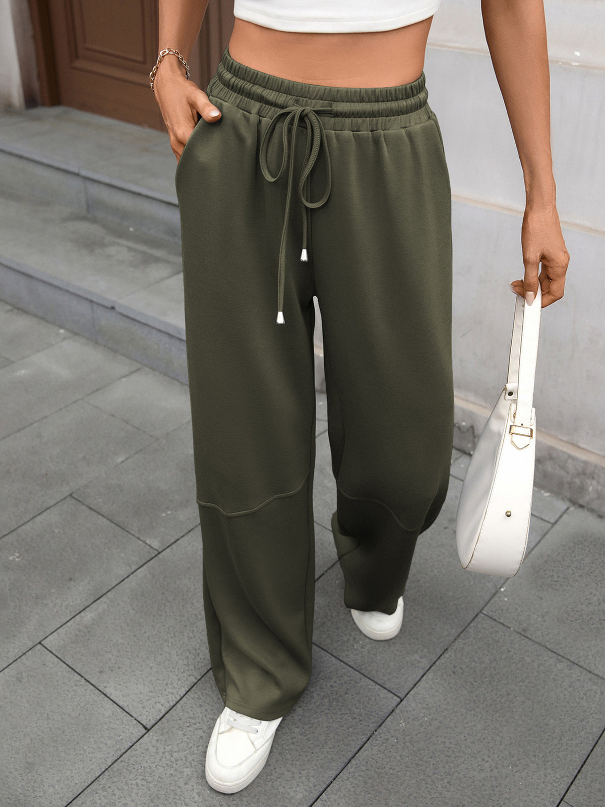 Drawstring High Waist Wide Leg Casual Pants (18)