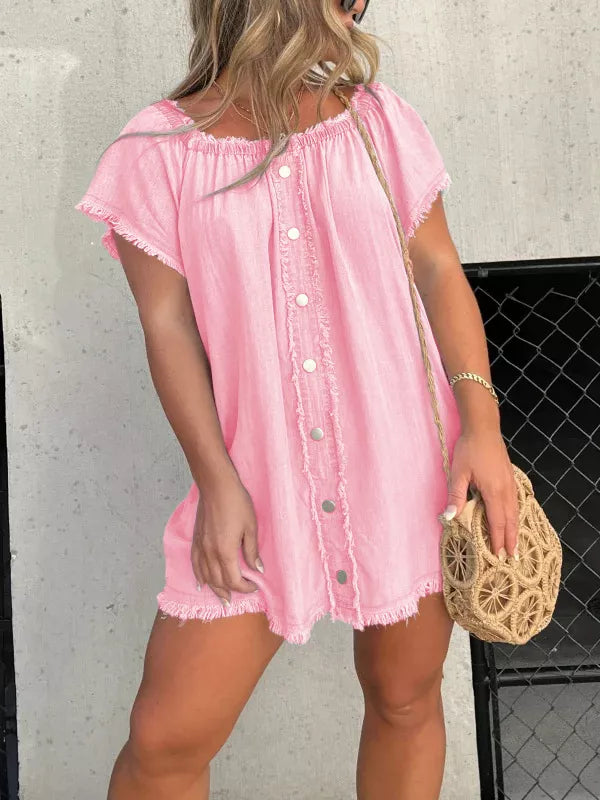 Full Size Off-shoulder Button-down Frayed Denim Dress Plus (11)