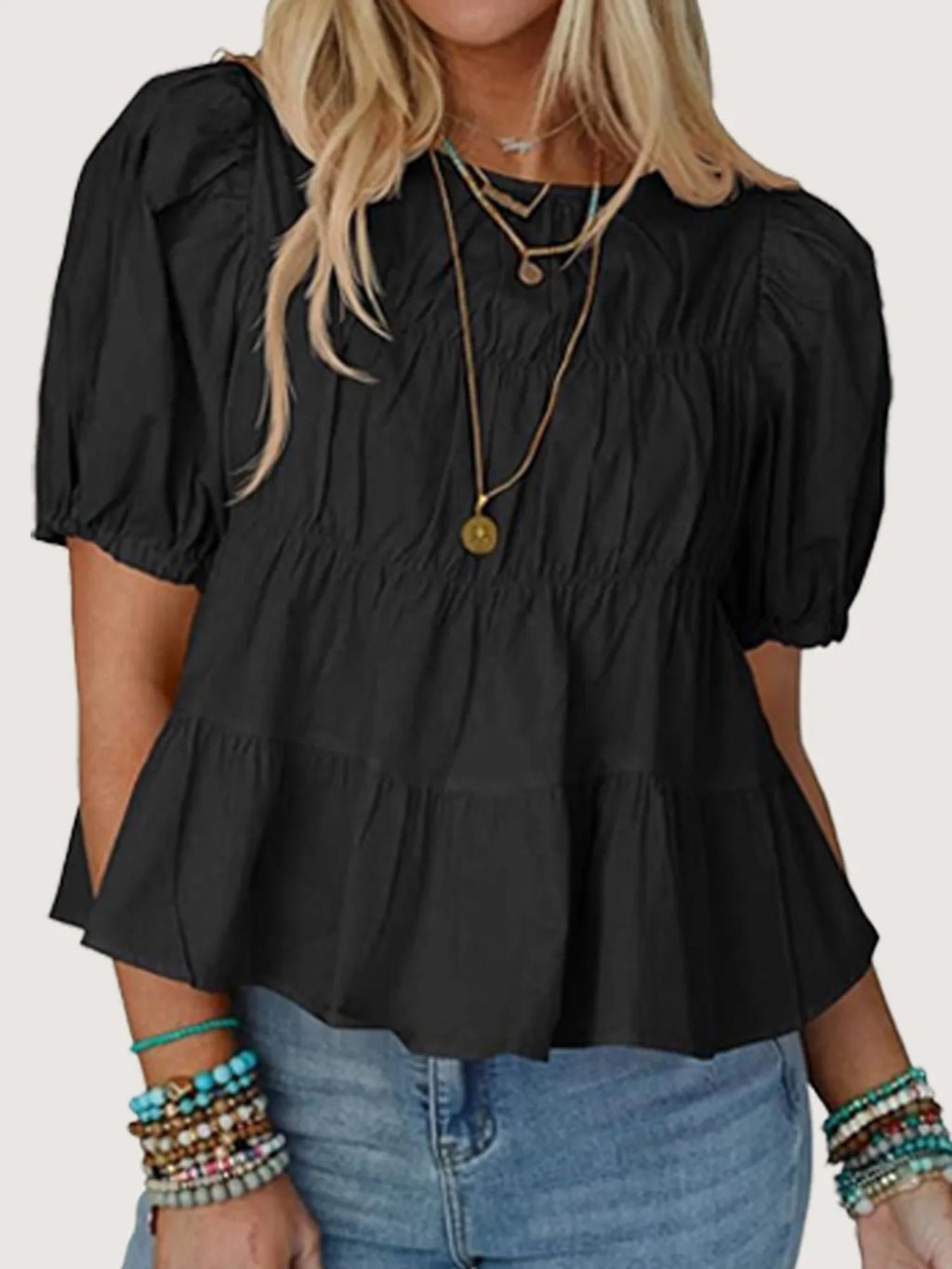 Tiered Round Neck Puff Sleeve Ruched Blouse (15)