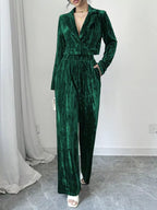 Pleated Velvet Blazer Wide Leg Pants Set (7)