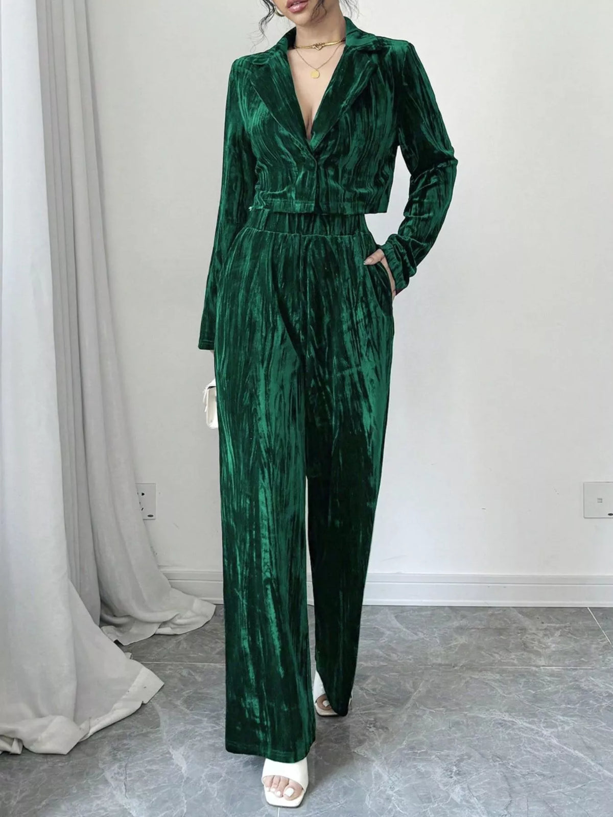 Pleated Velvet Blazer Wide Leg Pants Set (7)