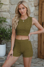 Eyelet Round Neck Tank Shorts Sweater Set (16)