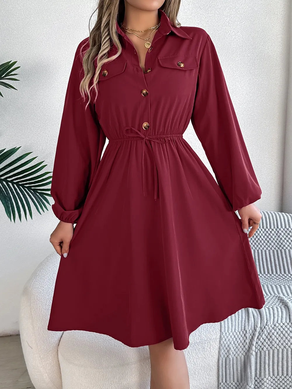 Collared Neck Long Sleeve Dress Pockets (8)