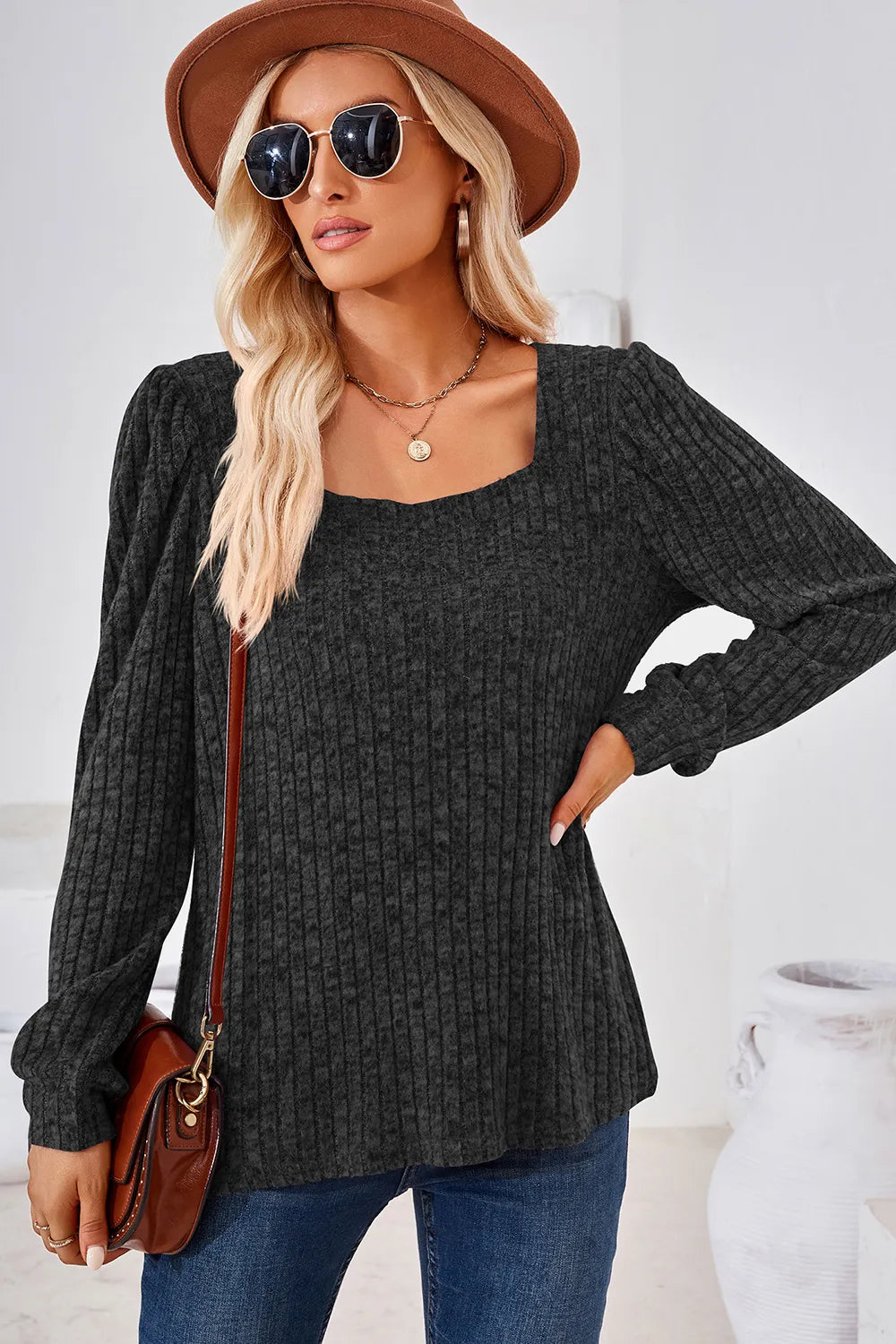 Ribbed Square Neck Long Sleeve T-shirt (7)