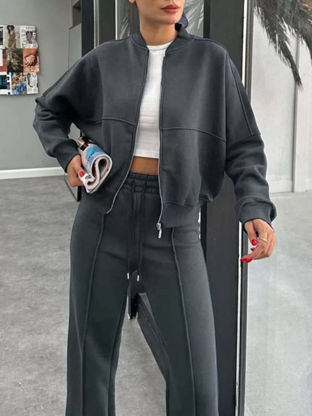 Baseball Collar Zip Up Outerwear Drawstring Pants Set (26)