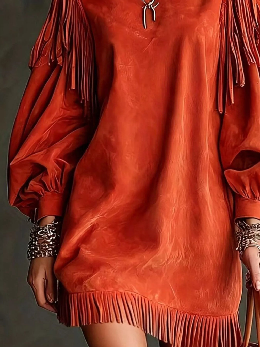 Fringe Detail Lantern Sleeve Mini Dress (5)