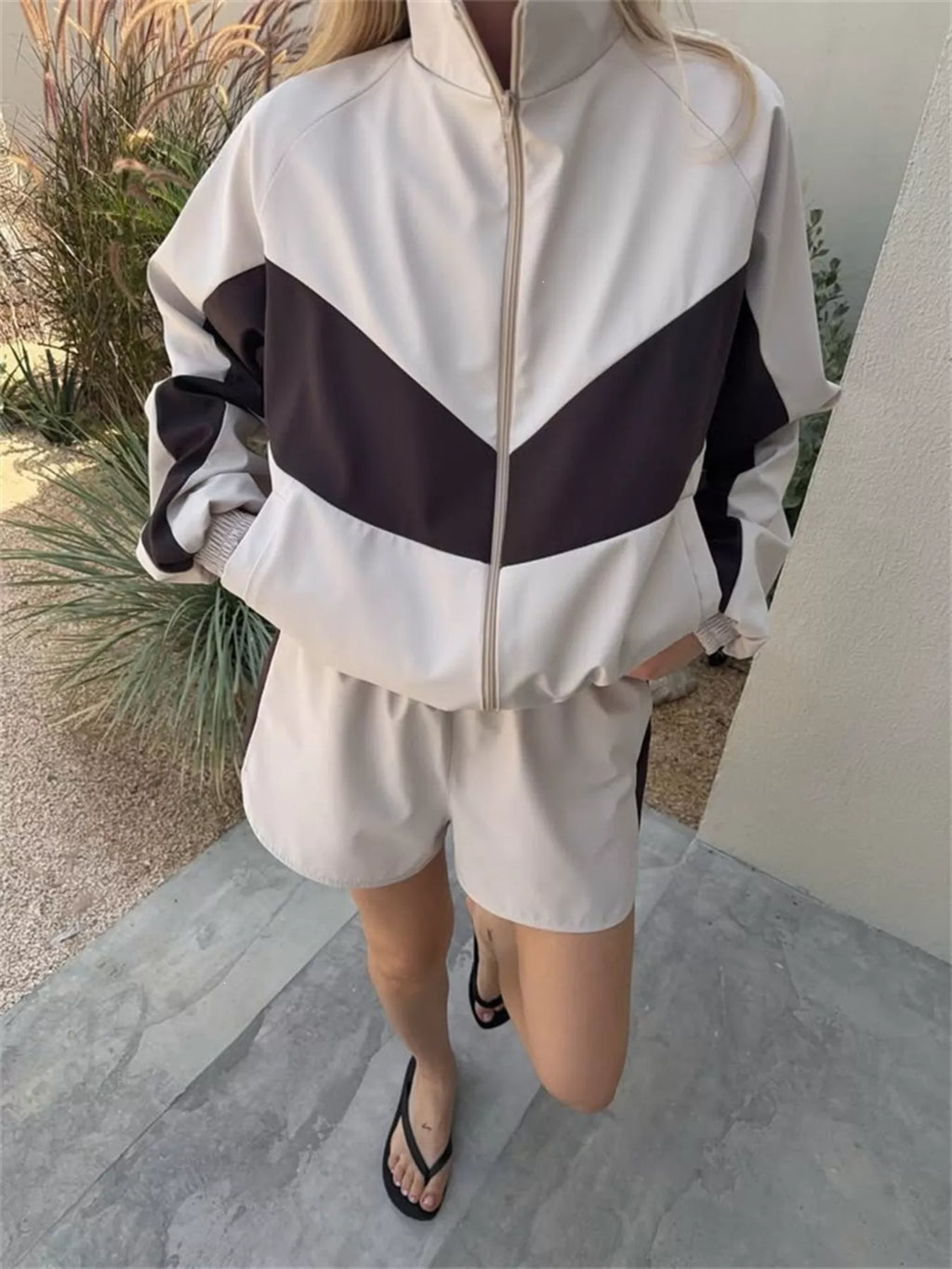 Color-block Zip-up Jacket Shorts Set