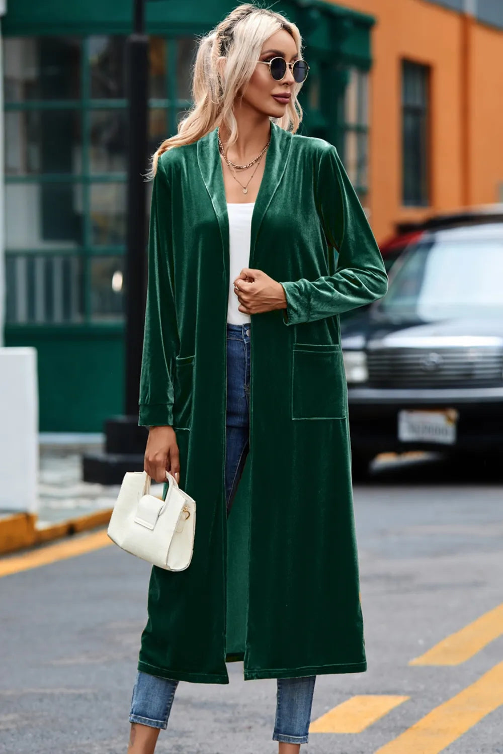 Velvet Open Front Long Cardigan Pockets (5)