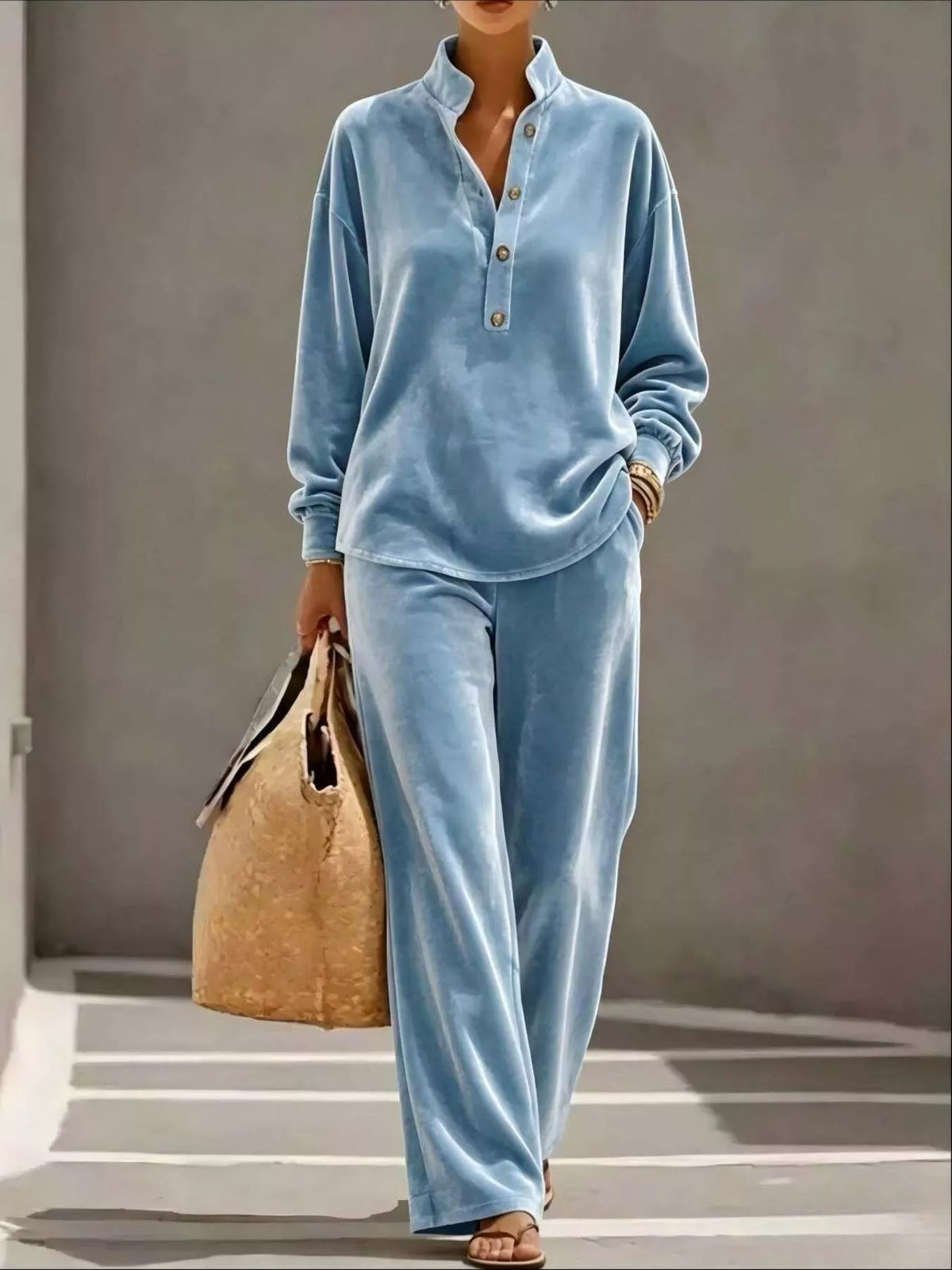 Full Size Half Button Top Wide Leg Pants Set Plus