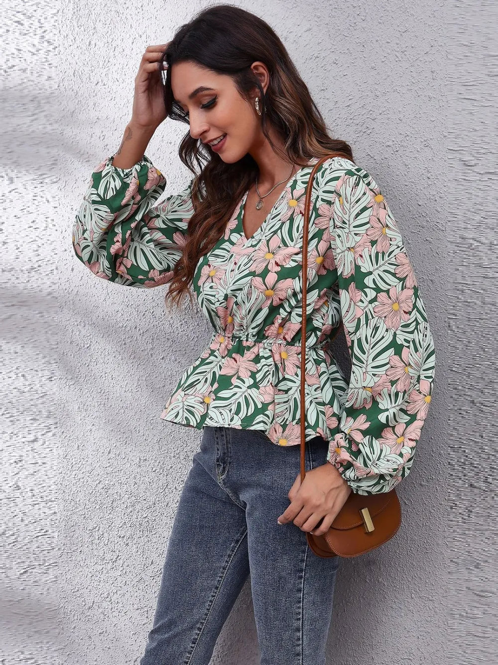 Ruched Printed V-neck Long Sleeve Blouse (24)