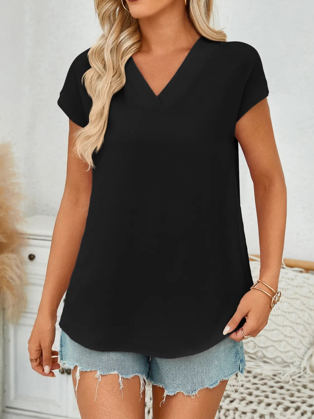 V-neck Cap Sleeve Blouse (17)