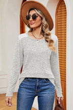 Eyelet Ribbed Round Neck Long Sleeve T-shirt (15)