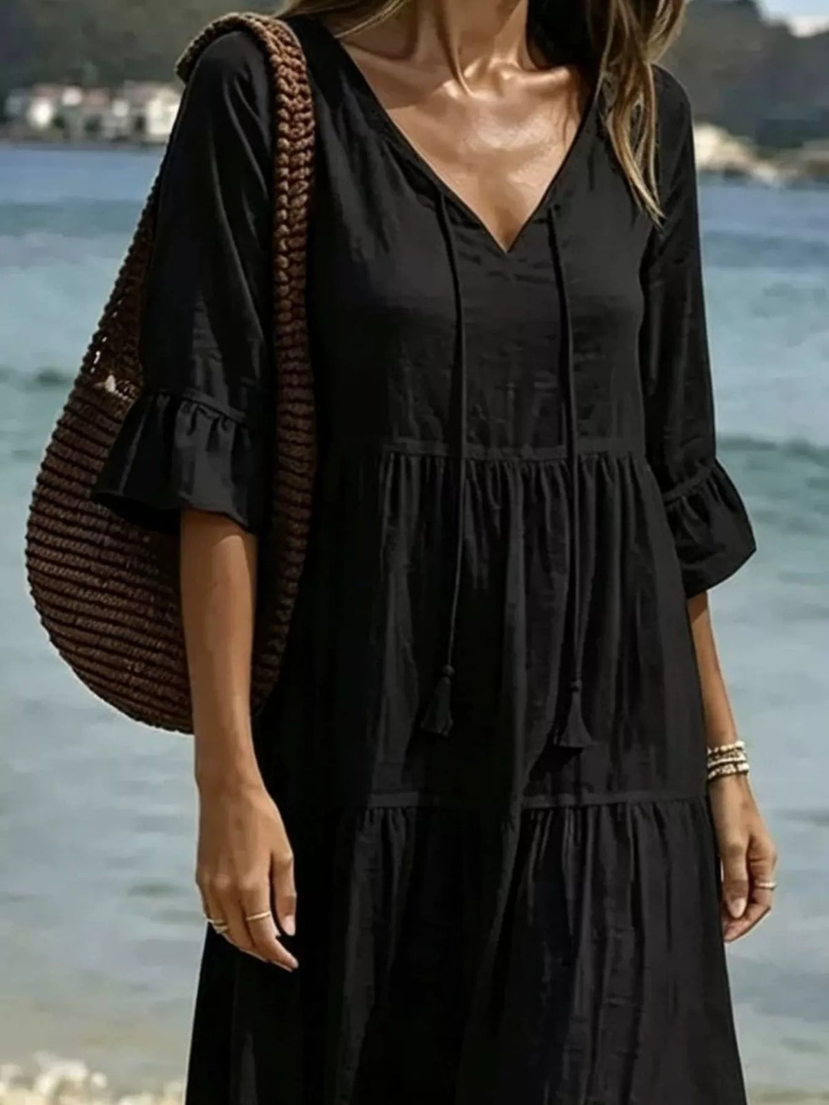 Full Size Tiered Tie Neck Flounce Sleeve Dress Plus (11)