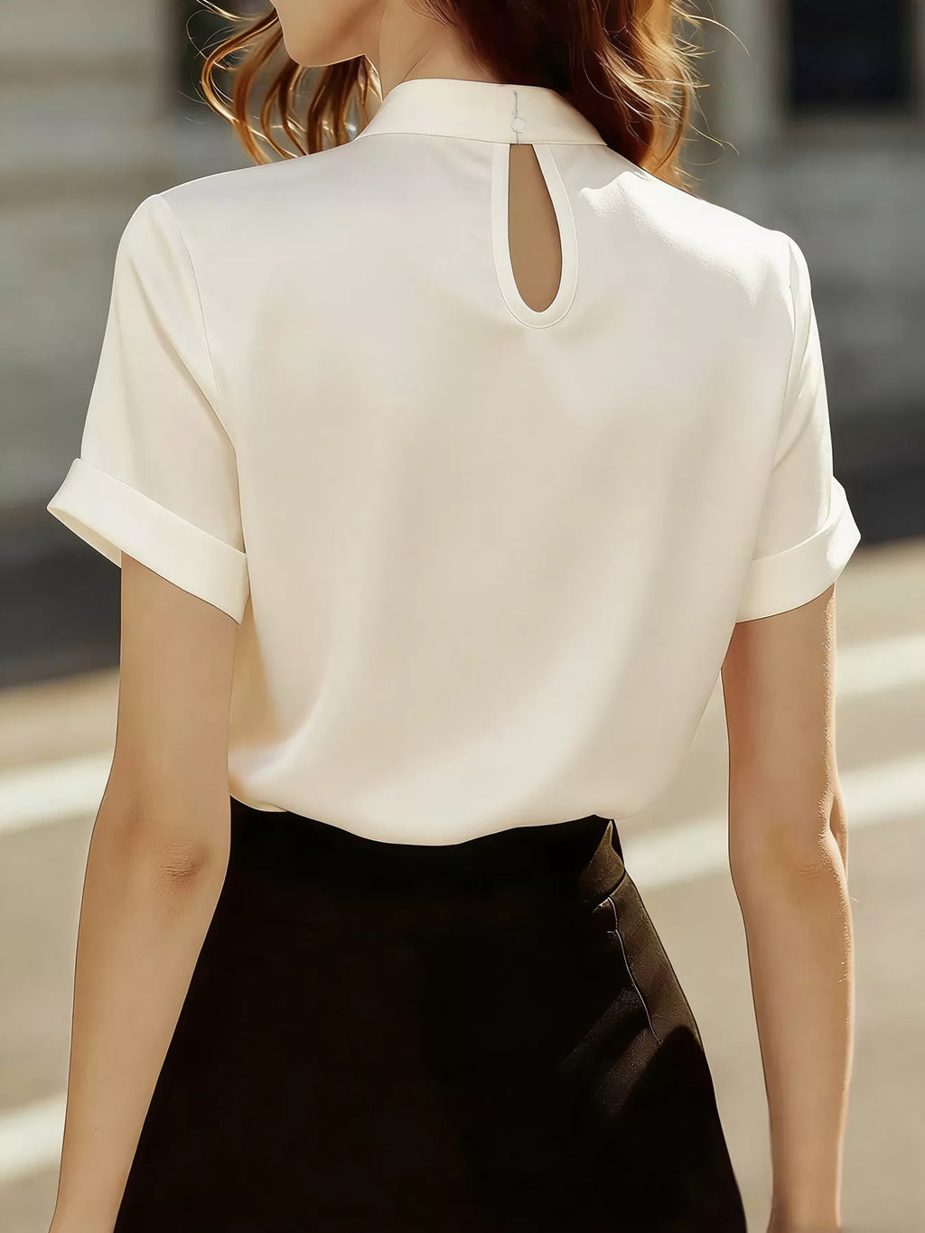 Satin Keyhole Short Sleeve Blouse (5)