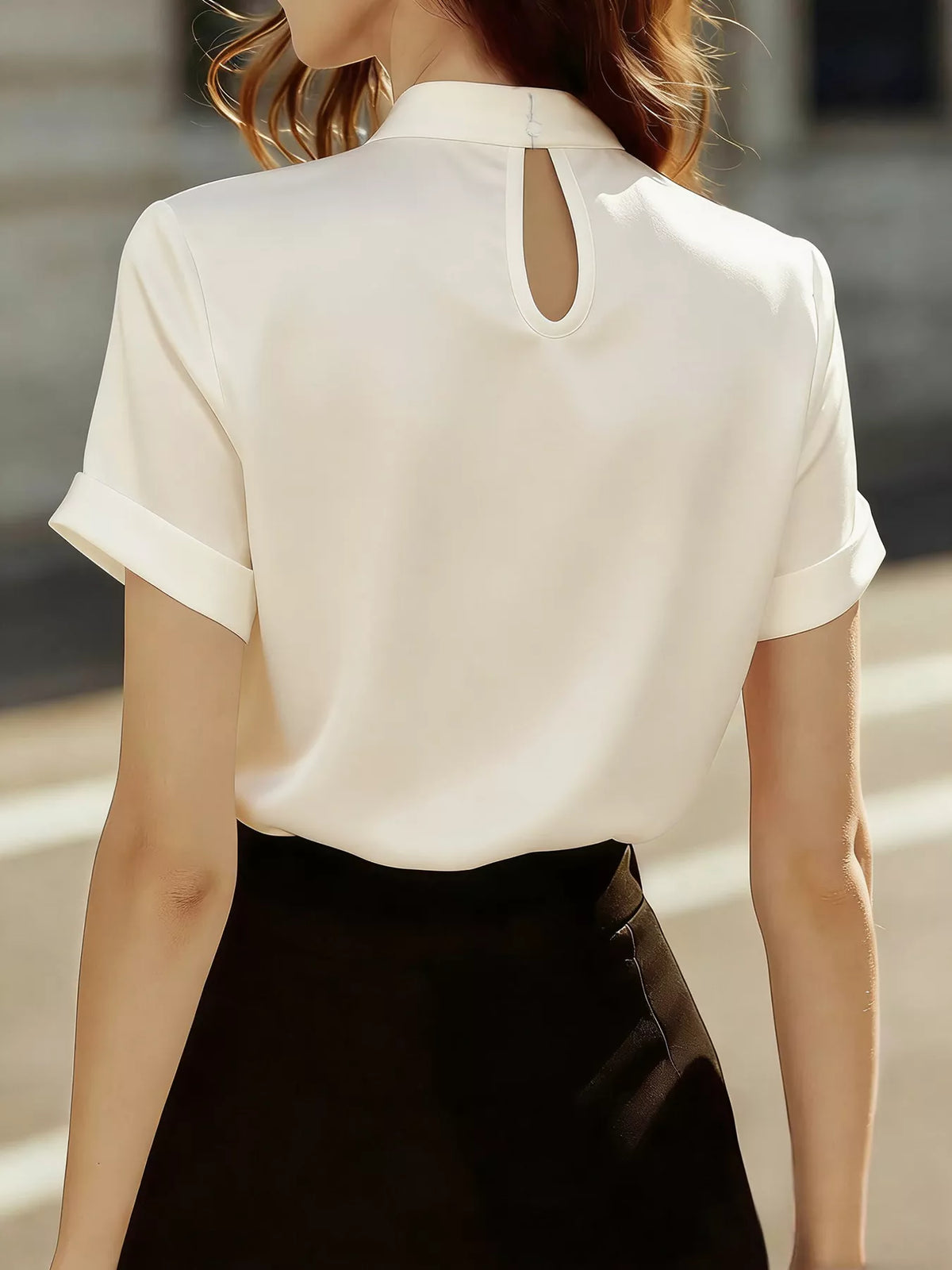 Satin Keyhole Short Sleeve Blouse (5)