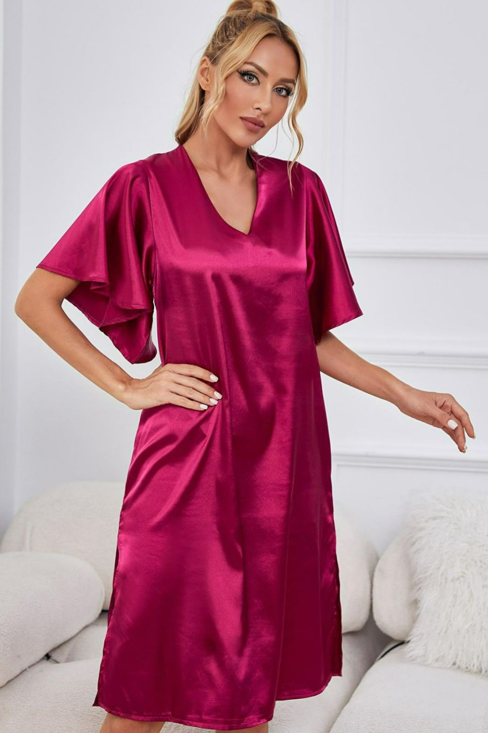 Satin Flutter Sleeve Side Slit V-neck Night Dress (4)