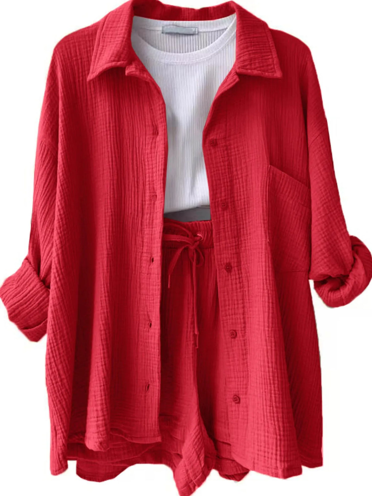 Textured Button Up Shirt Shorts Set (19)