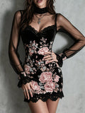 Floral Velvet Mini Dress Sheer Mesh Sleeves