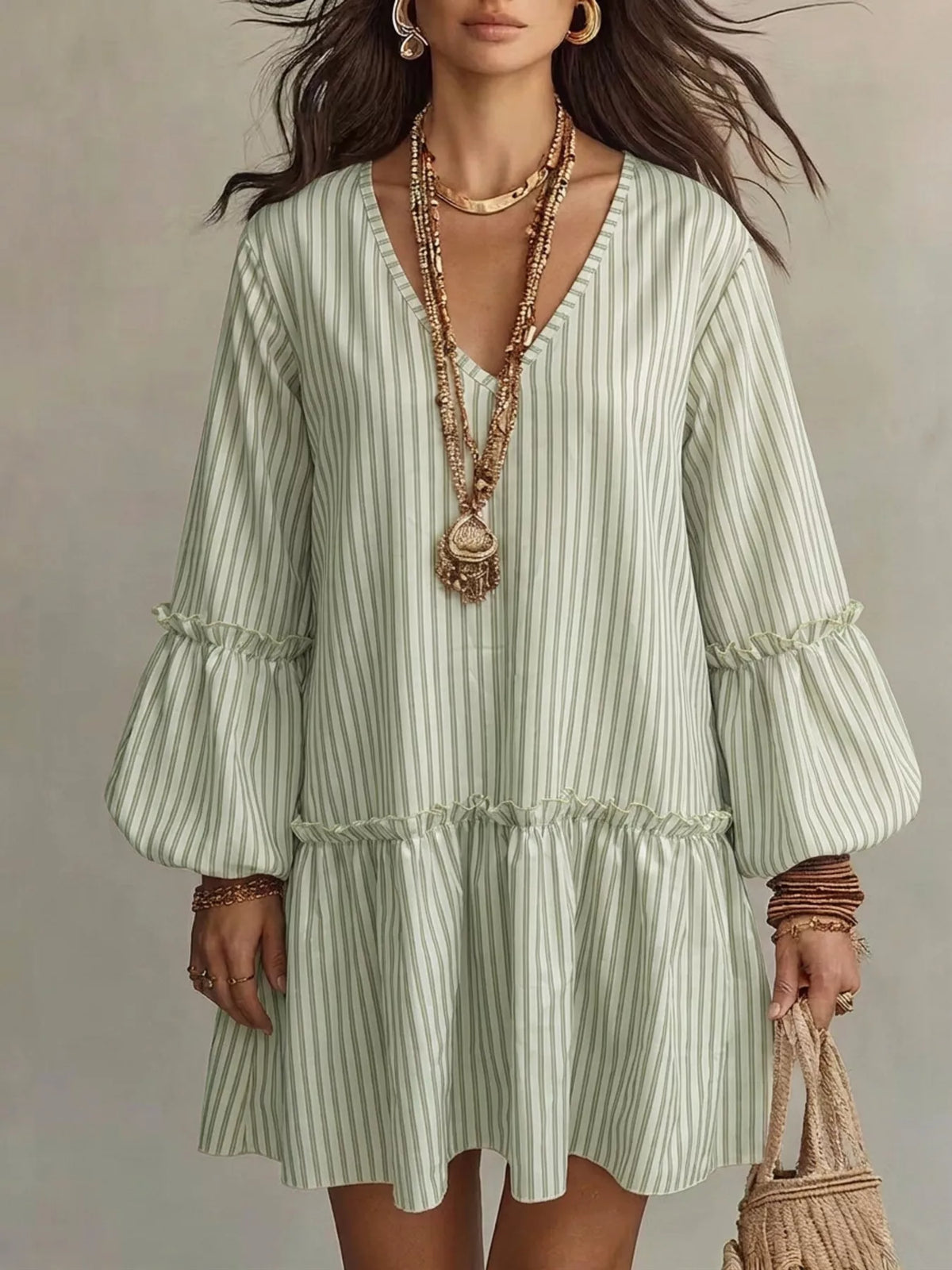 Full Size Striped Balloon Sleeve Mini Dress Plus (5)