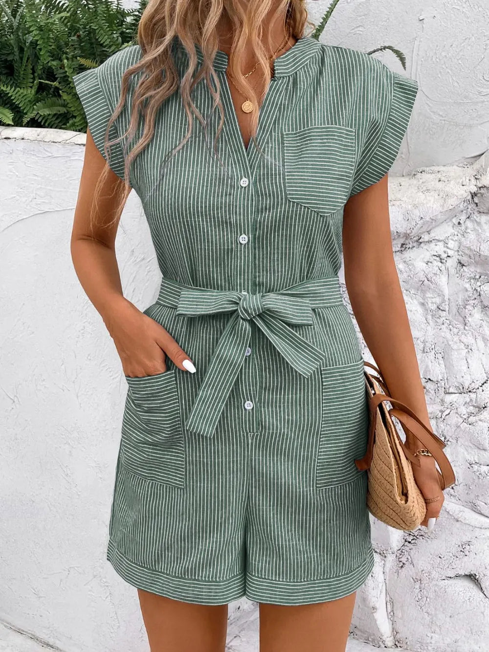 Striped Notched Tie Waist Romper (10)