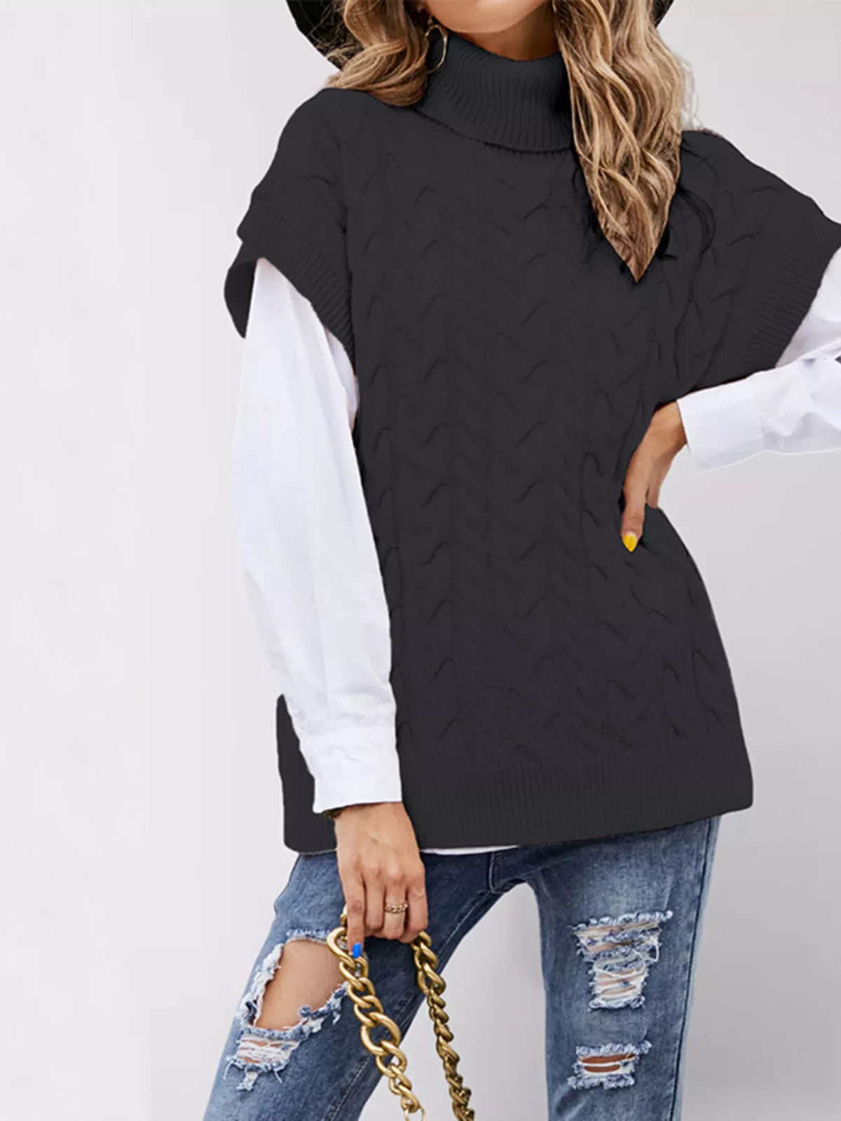 Chunky Knit Turtleneck Cap Sleeve Sweater (6)