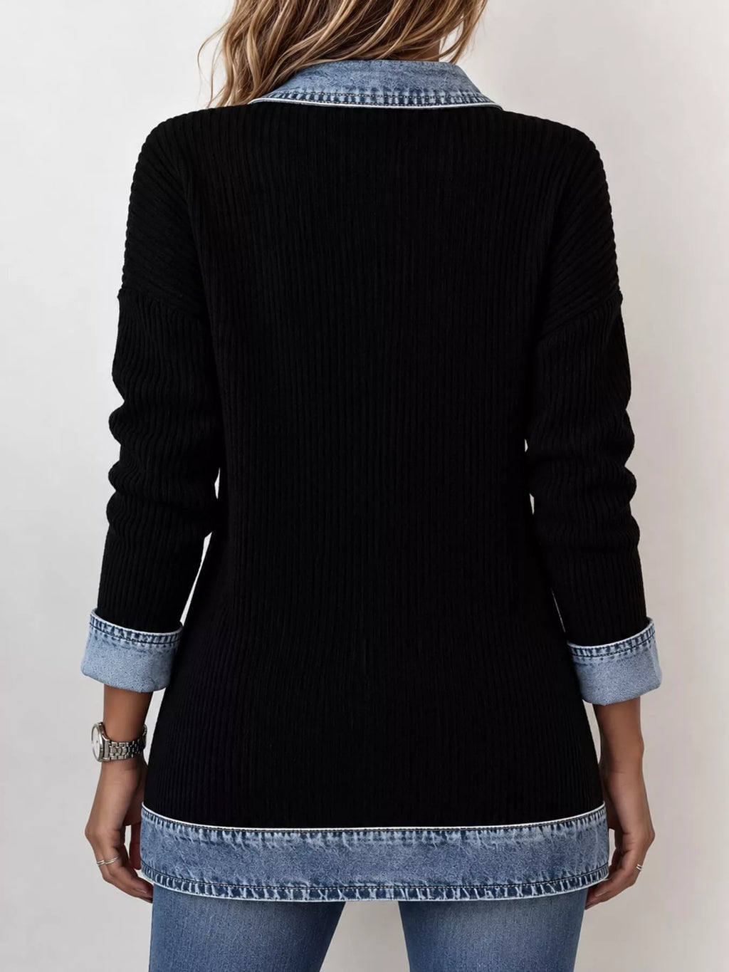 Full Size Denim Trim Ribbed Knit Cardigan Plus (3)