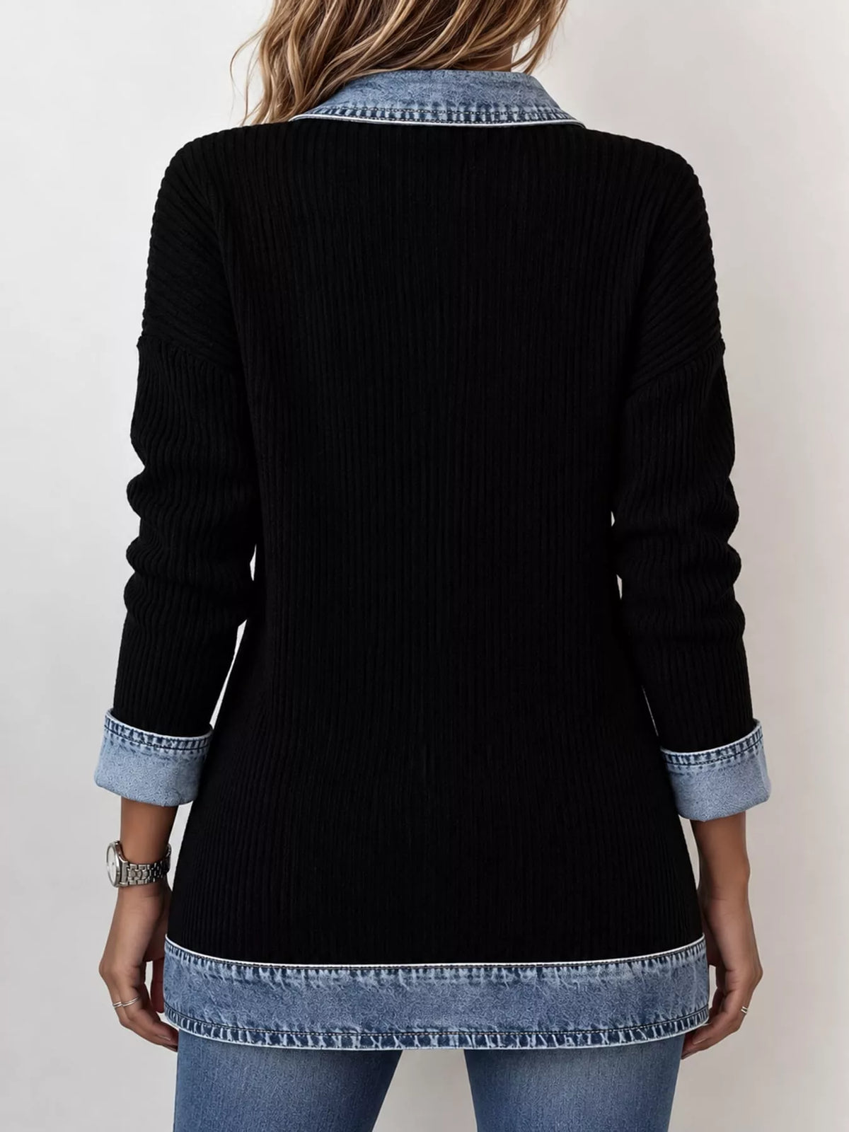 Full Size Denim Trim Ribbed Knit Cardigan Plus (3)