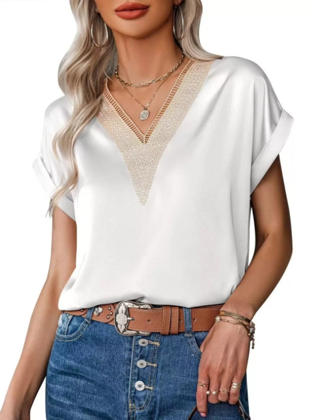 V-neck Short Sleeve Satin Top