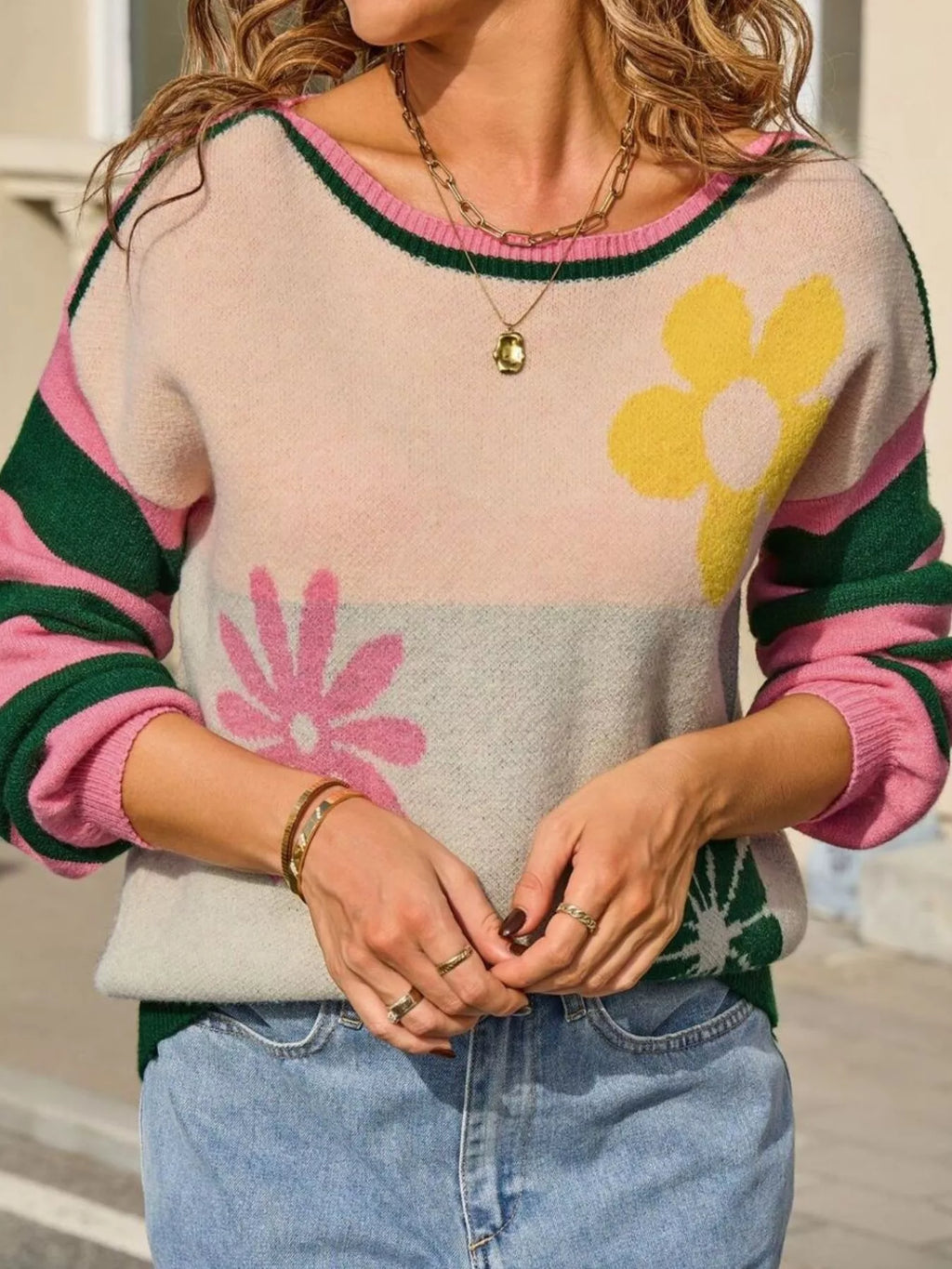 Floral Striped Sleeve Round Neck Sweater (11)