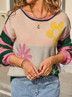 Floral Striped Sleeve Round Neck Sweater (11)