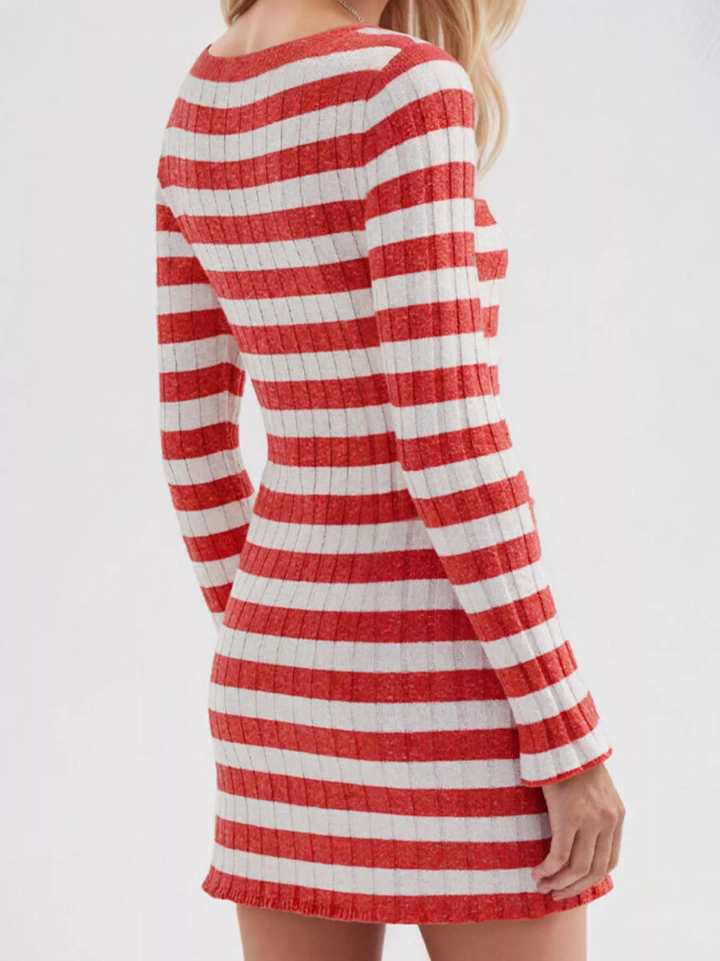 Striped Ribbed Knit Long Sleeve Sweater Dress (2)