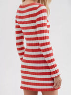 Striped Ribbed Knit Long Sleeve Sweater Dress (2)