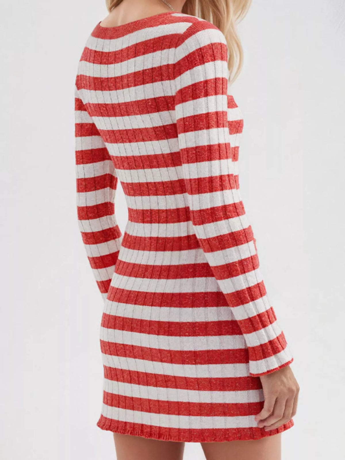 Striped Ribbed Knit Long Sleeve Sweater Dress (2)
