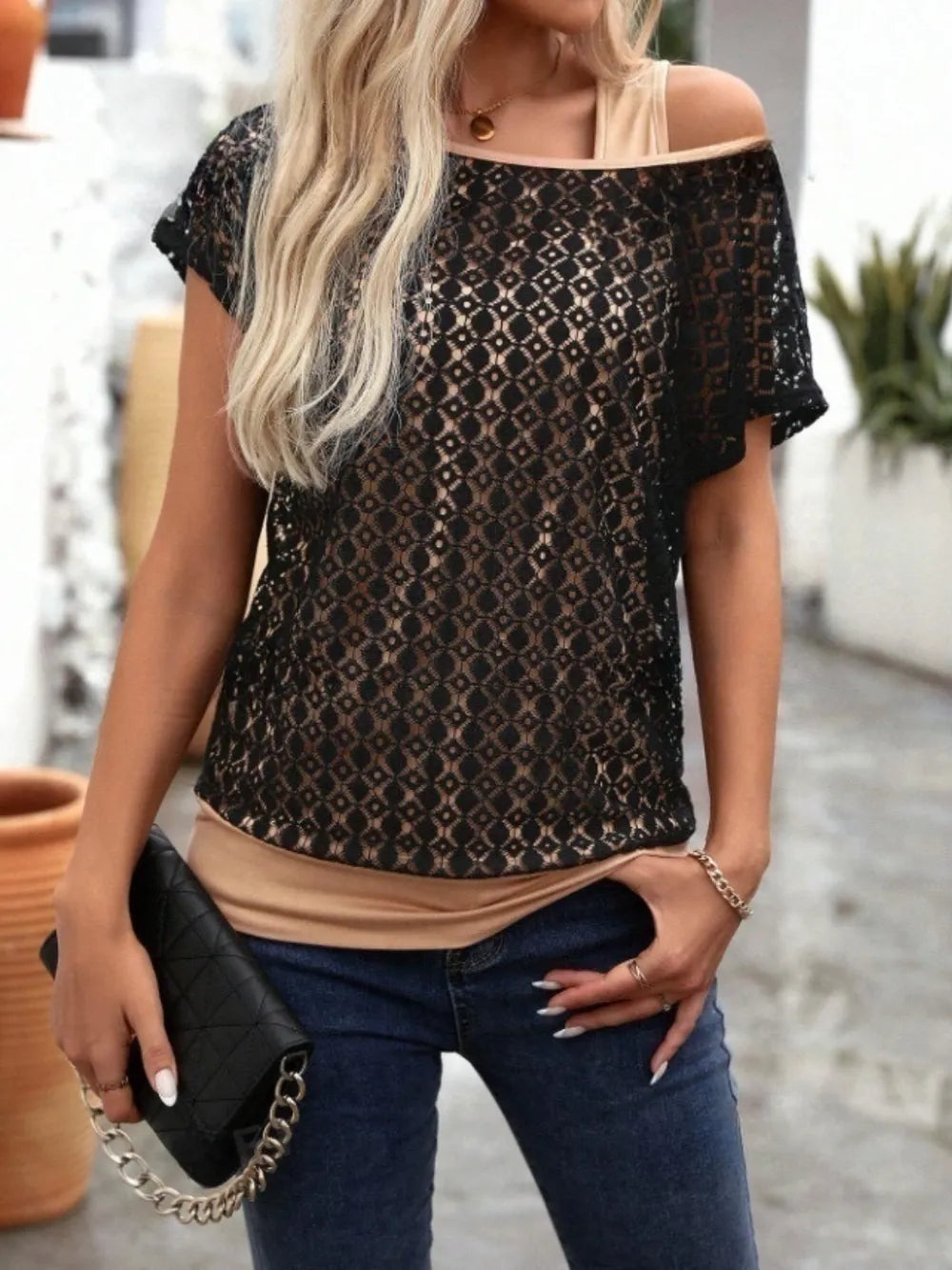 Lace Short Sleeve Fake Two Piece T-shirt (3)