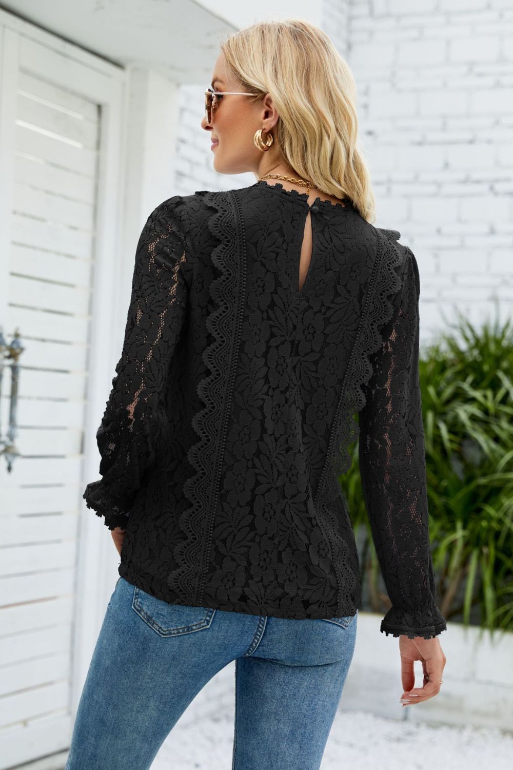 V-neck Flounce Sleeve Lace Top (2)