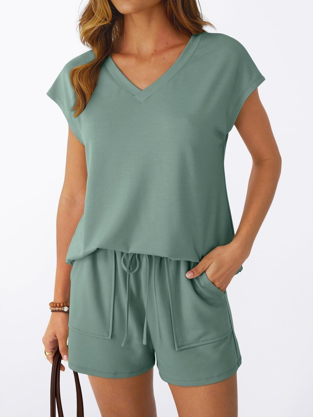 Casual V-neck T-shirt Shorts Set (12)