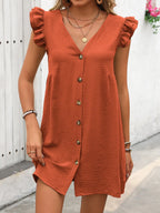 Button Up V-neck Cap Sleeve Mini Dress
