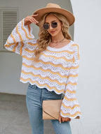 Round Neck Openwork Flare Sleeve Knit Top (17)