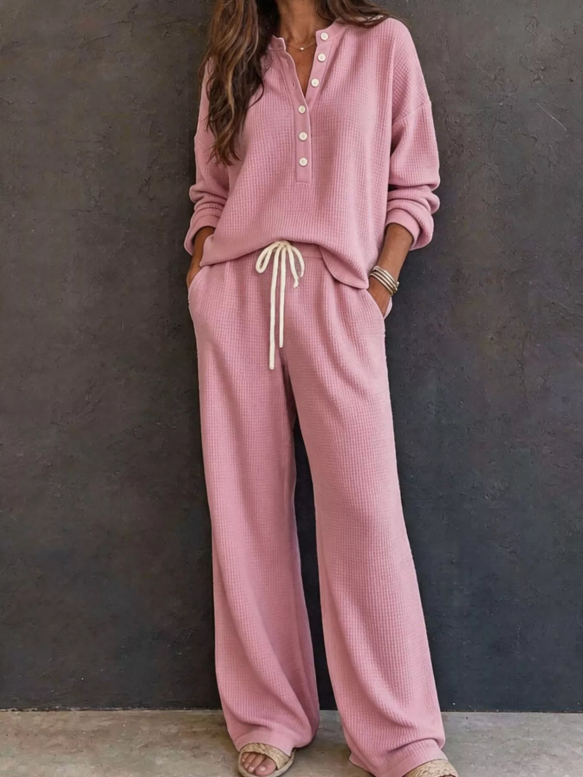 Waffle Knit Henley Top Wide Leg Pants Set (4)