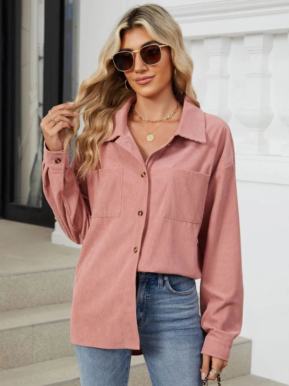 Button Up Dropped Shoulder Long Sleeve Outerwear (22)