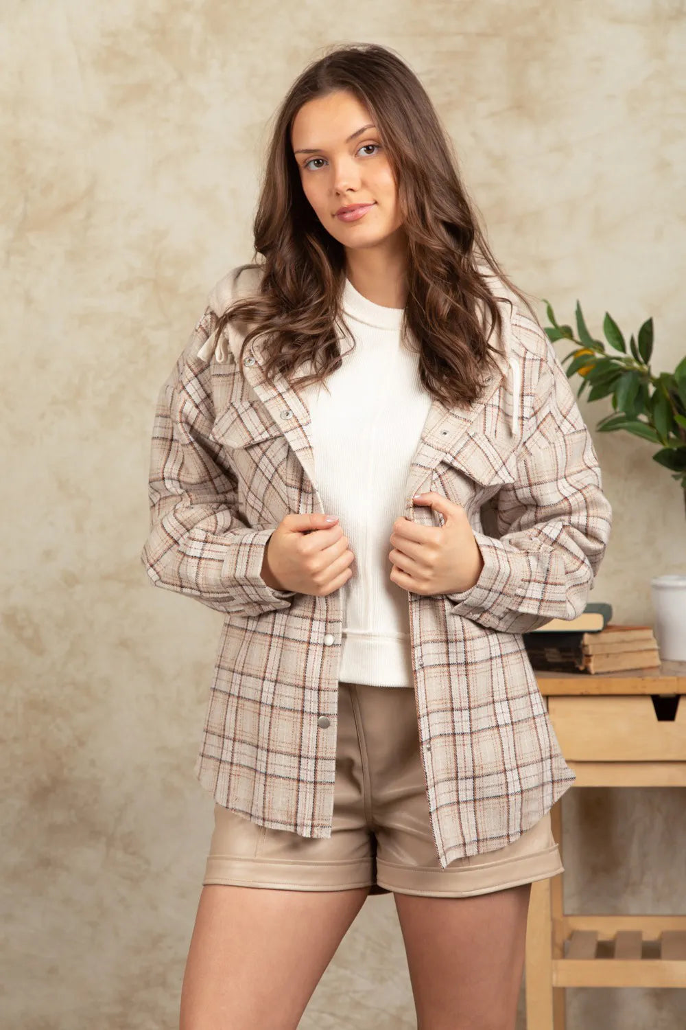 Drawstring Plaid Long Sleeve Hooded Jacket (13)