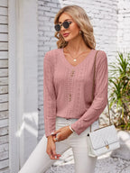 Decorative Button Openwork V-neck T-shirt (14)
