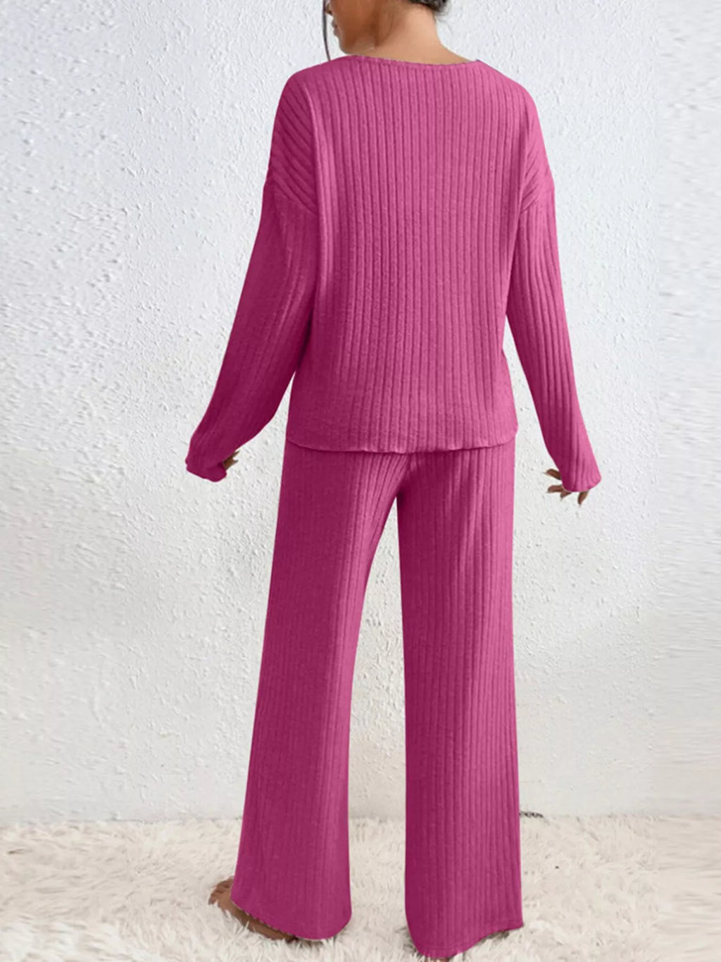 Ribbed Knit V-neck Top Pants Set (2)