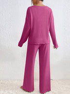 Ribbed Knit V-neck Top Pants Set (2)