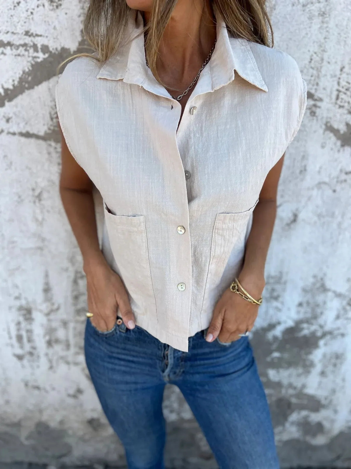 Full Size Textured Button-front Sleeveless Shirt Plus (3)