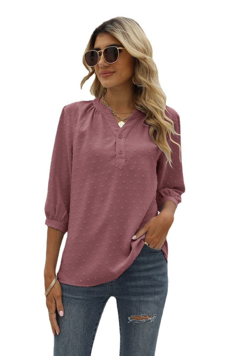Swiss Dot Notched Neck Three-quarter Sleeve Blouse (22)